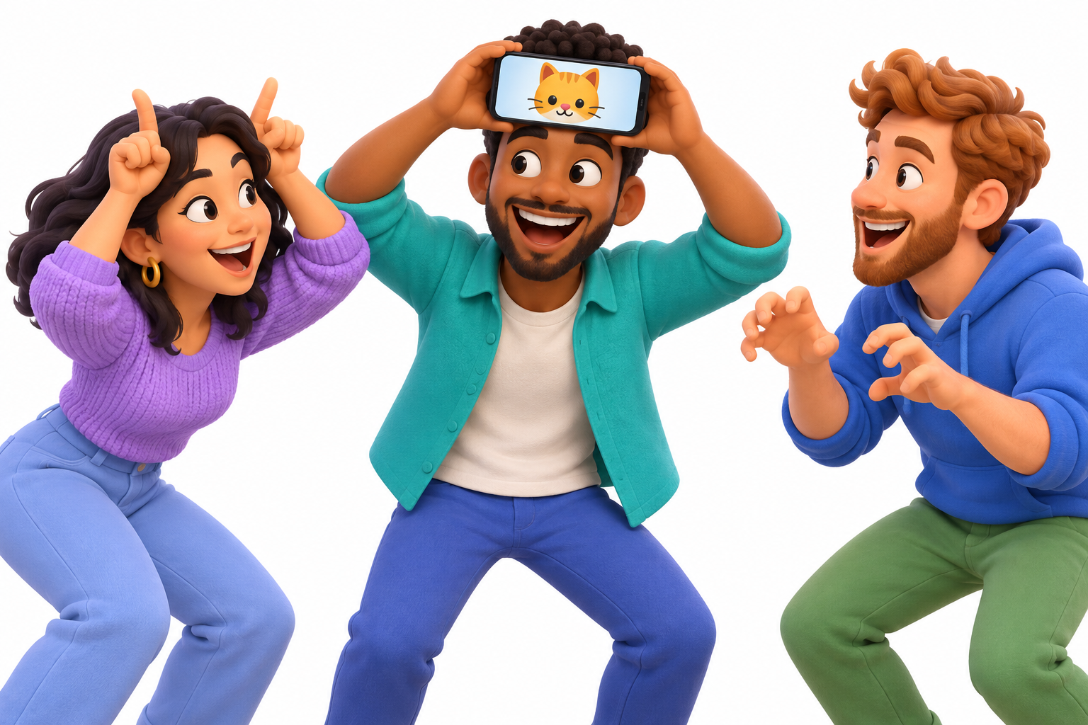Three friends laughing as one holds a phone to his forehead and the others act out clues